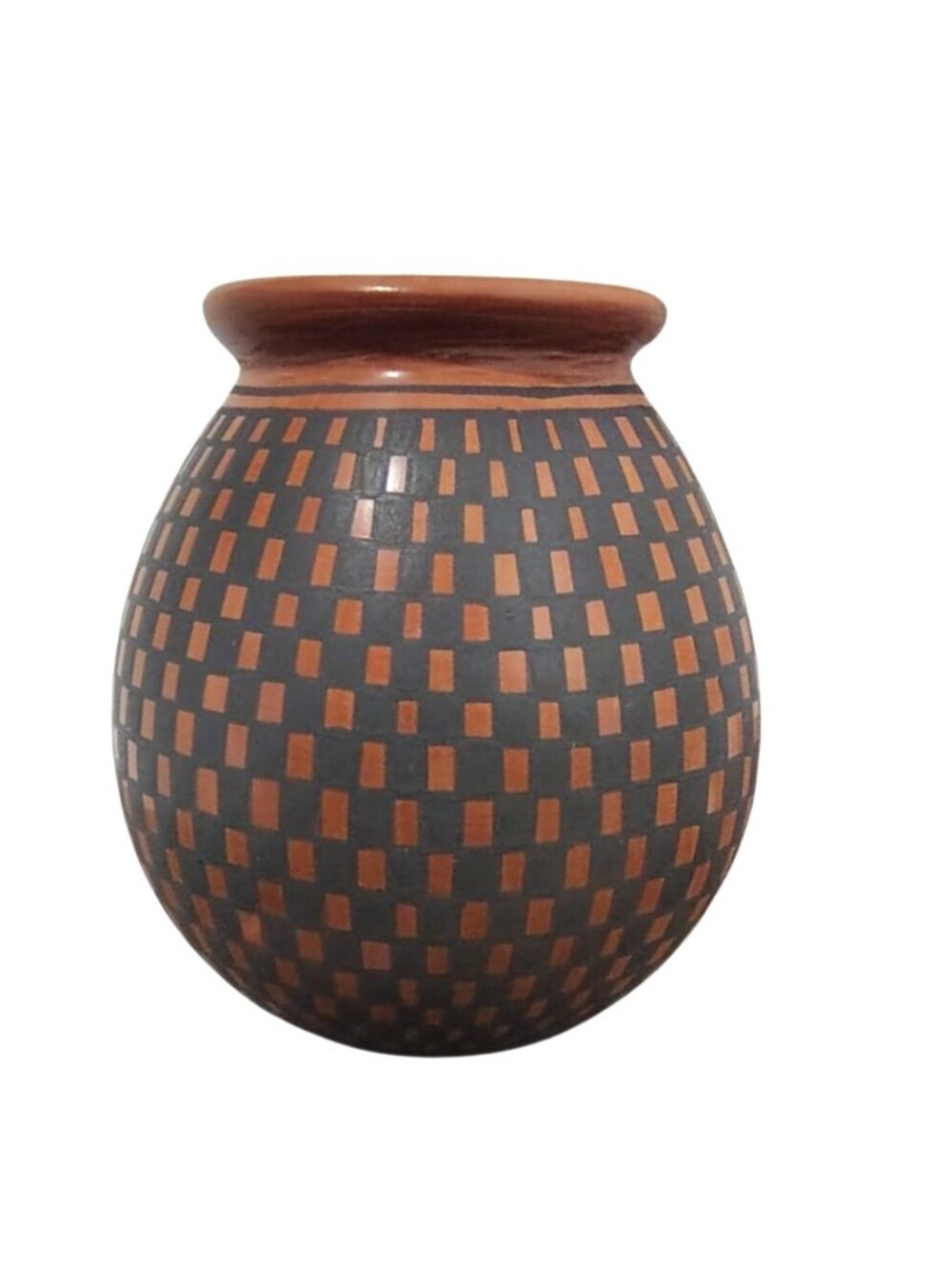 Jose M. Martinez Redware Signed Pottery Bud Flower Vase Black Check, 3"